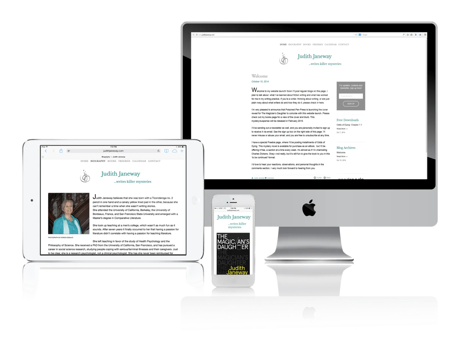 Mystery author website shown on desktop, laptop, tablet and phone