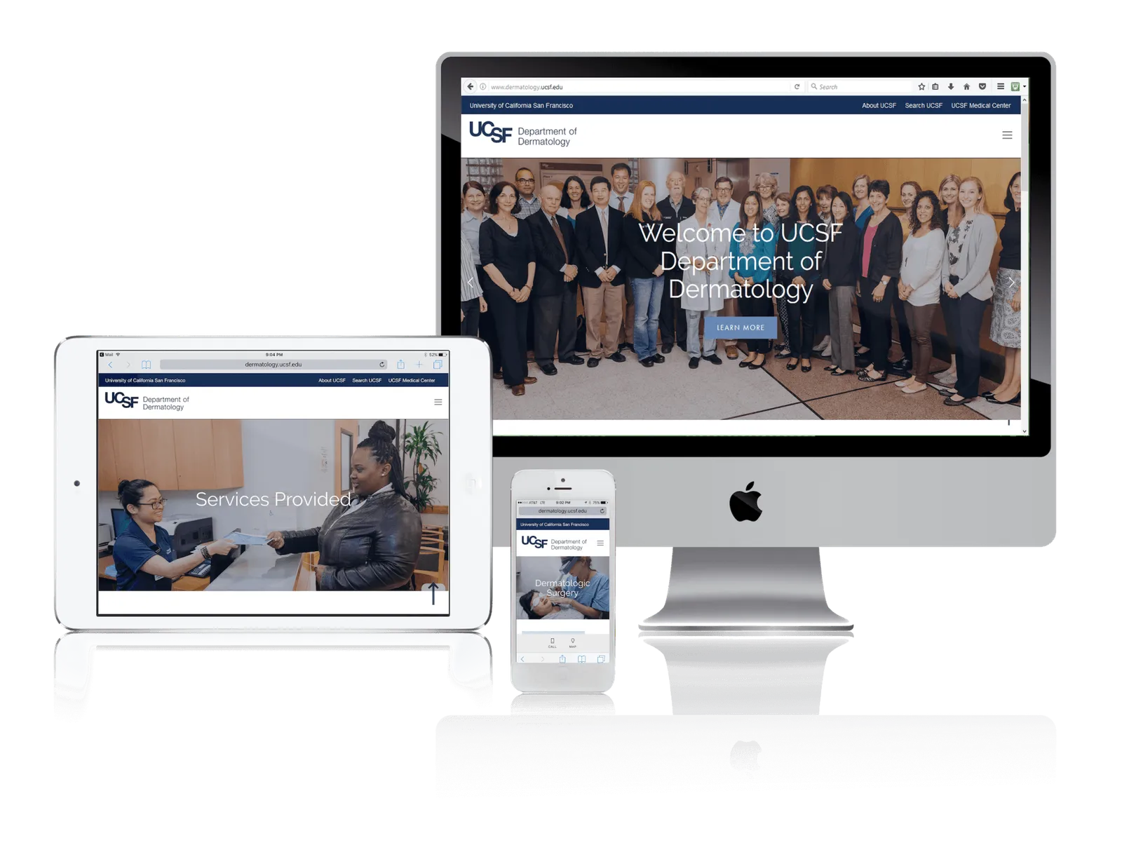 University dermatology department website shown on desktop, laptop, tablet and phone