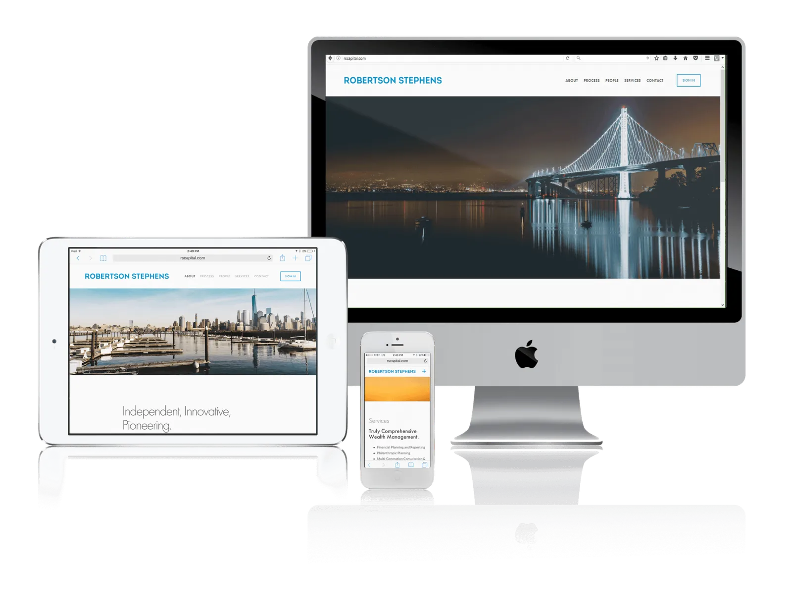 Wealth management firm website shown on desktop, laptop, tablet and phone