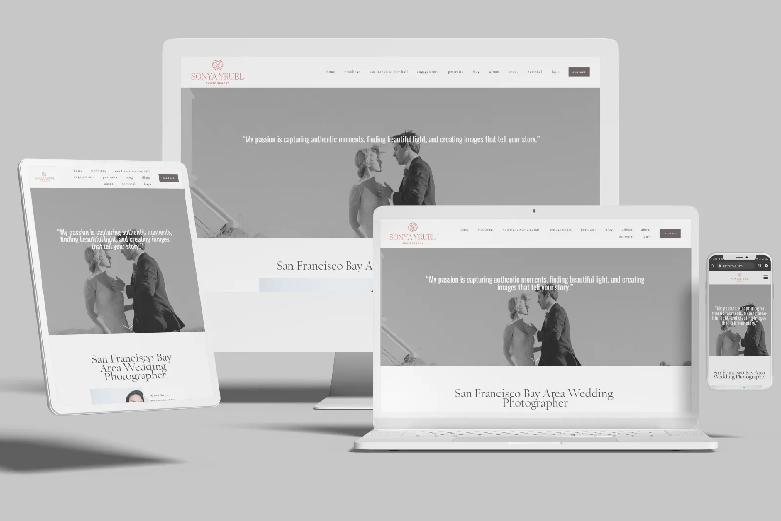 Wedding photographer website shown on desktop, laptop, tablet and phone