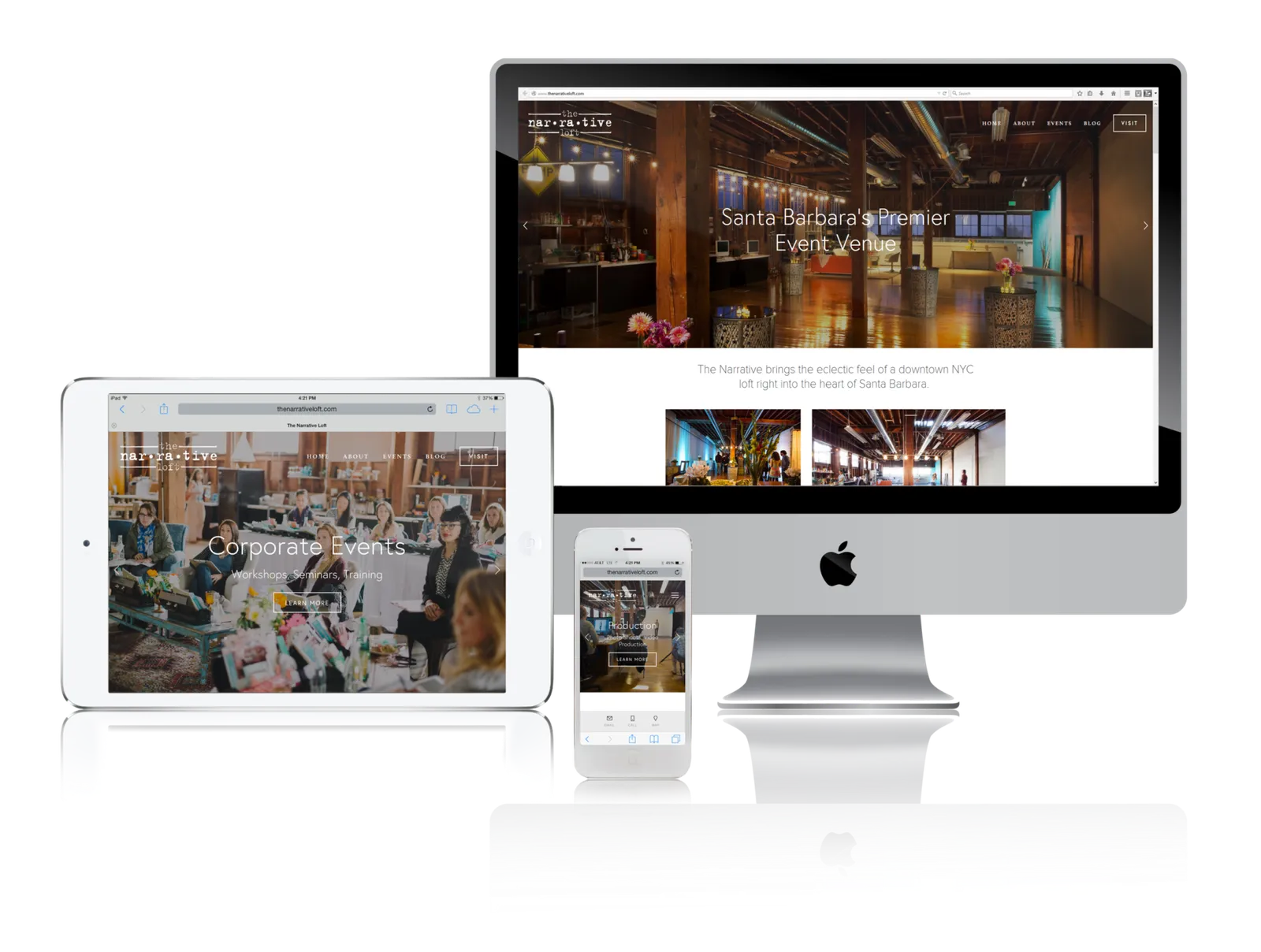 Event venue website shown on desktop, laptop, tablet and phone