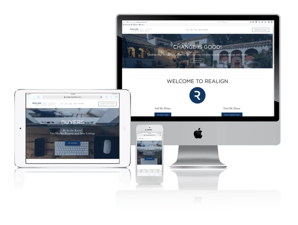 Real estate brokerage website shown on desktop, laptop, tablet and phone