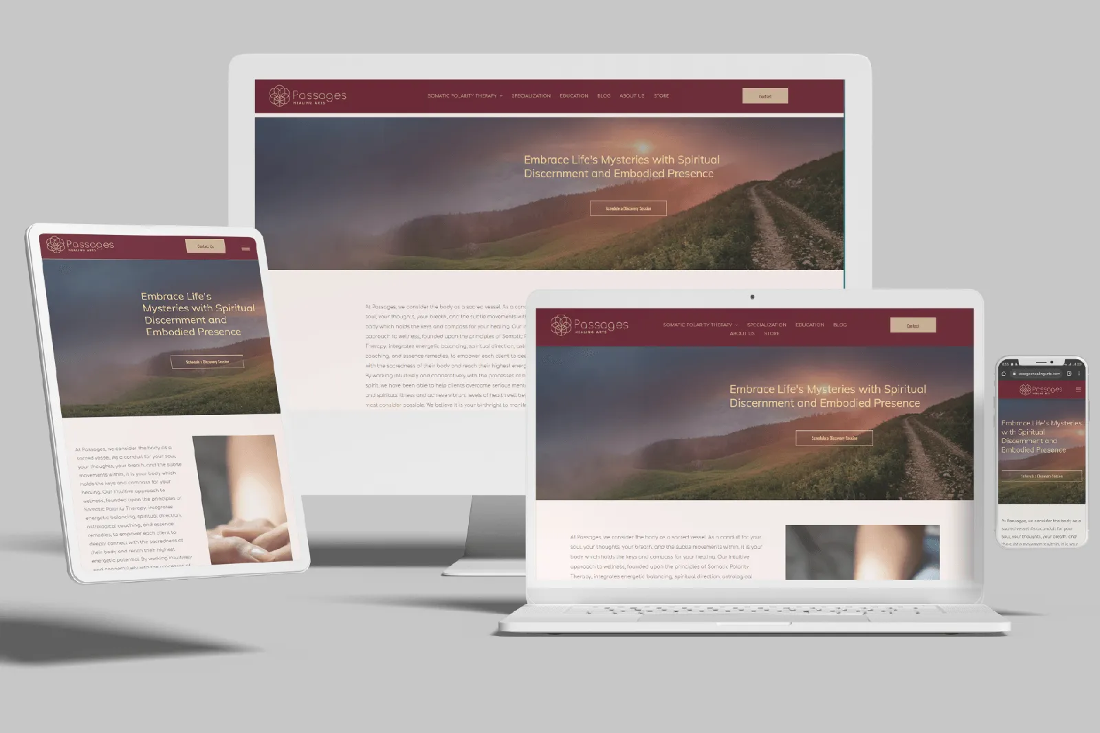 Wellness practice website shown on desktop, laptop, tablet and phone