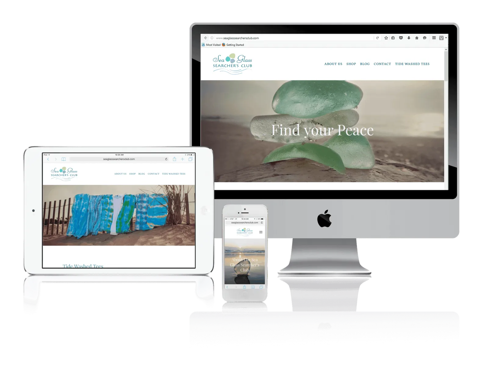 Sea glass brand online store shown on desktop, laptop, tablet and phone