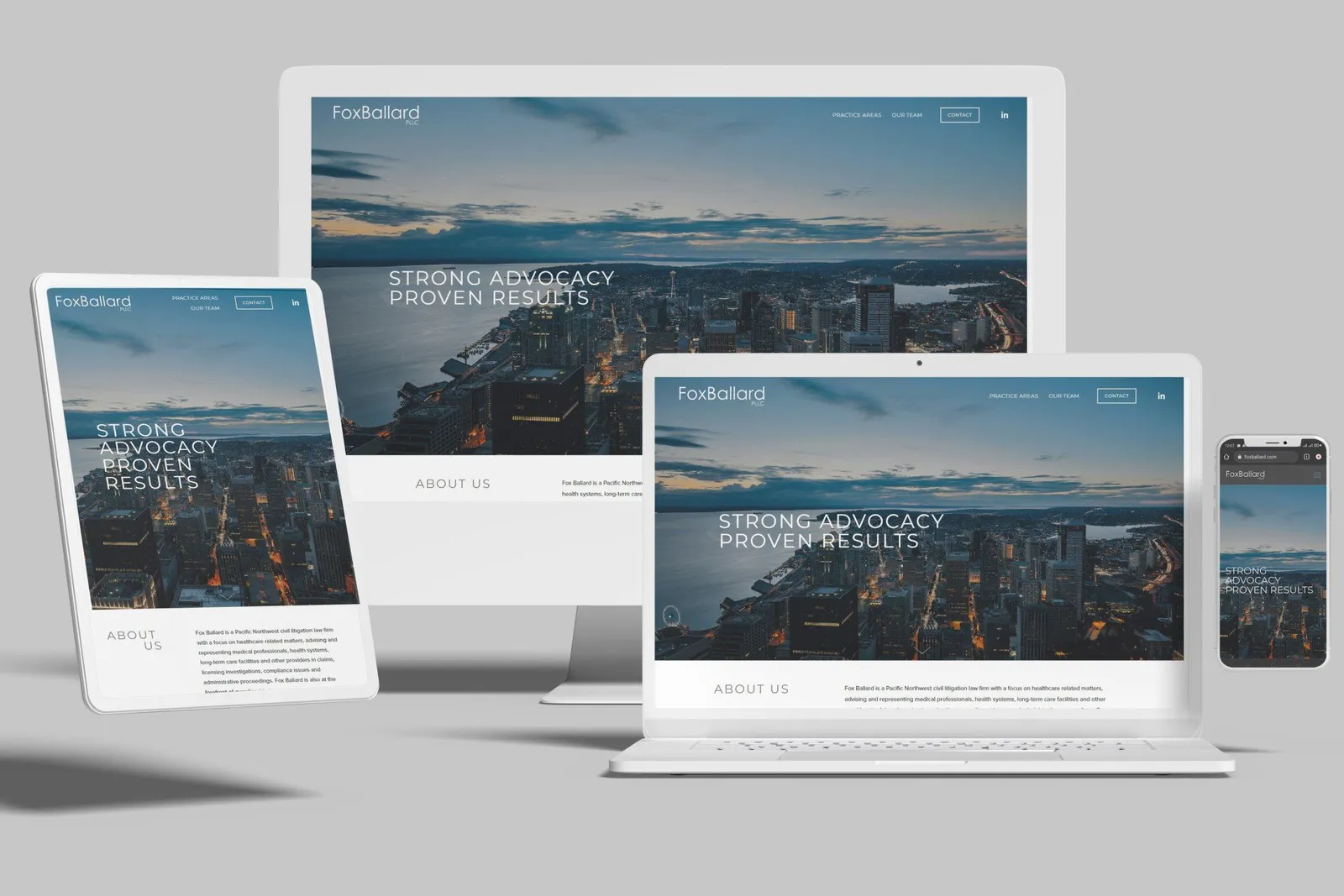 Law firm website shown on desktop, laptop, tablet and phone