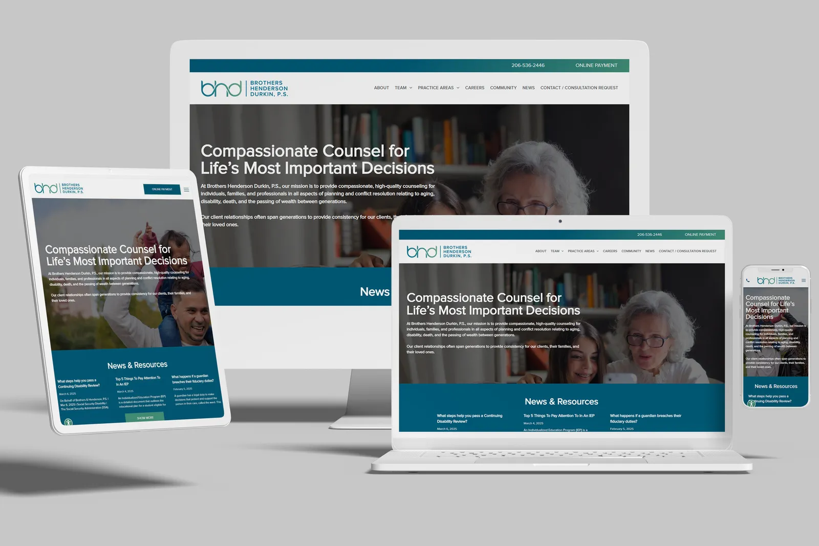 Law firm website shown on desktop, laptop, tablet and phone