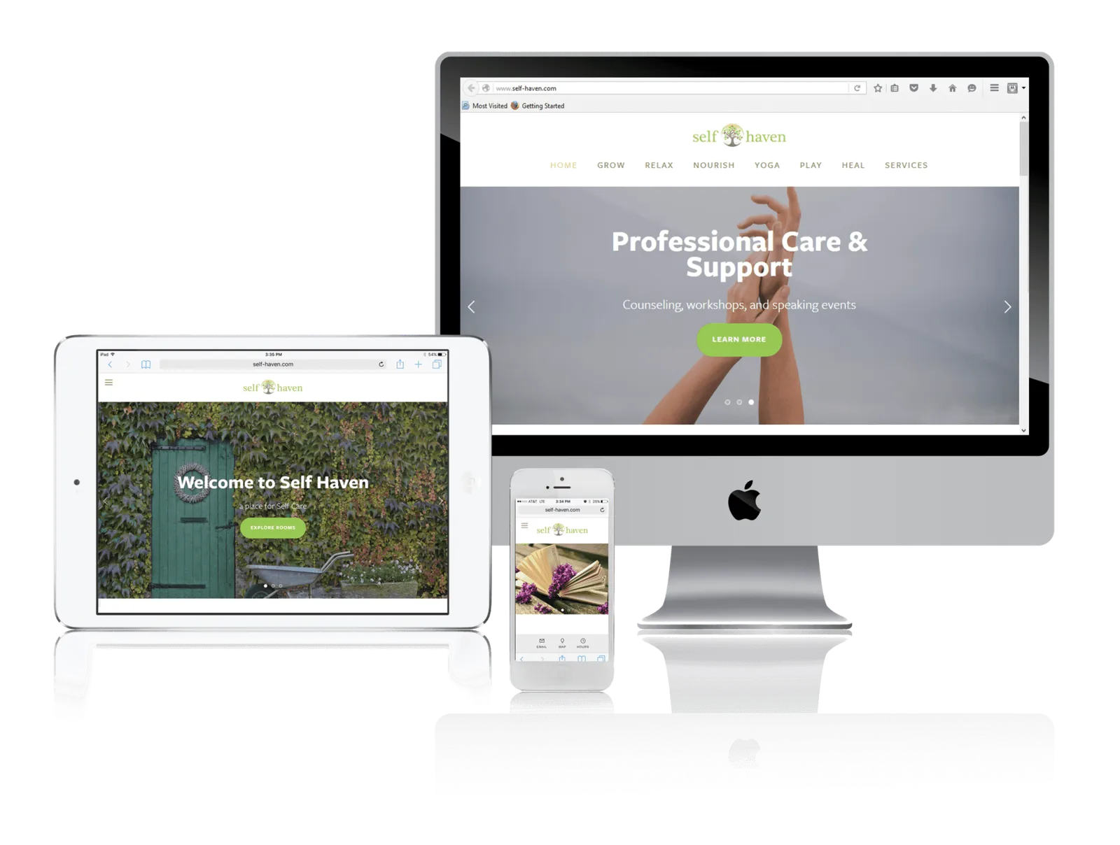 Self care counseling website shown on desktop, laptop, tablet and phone