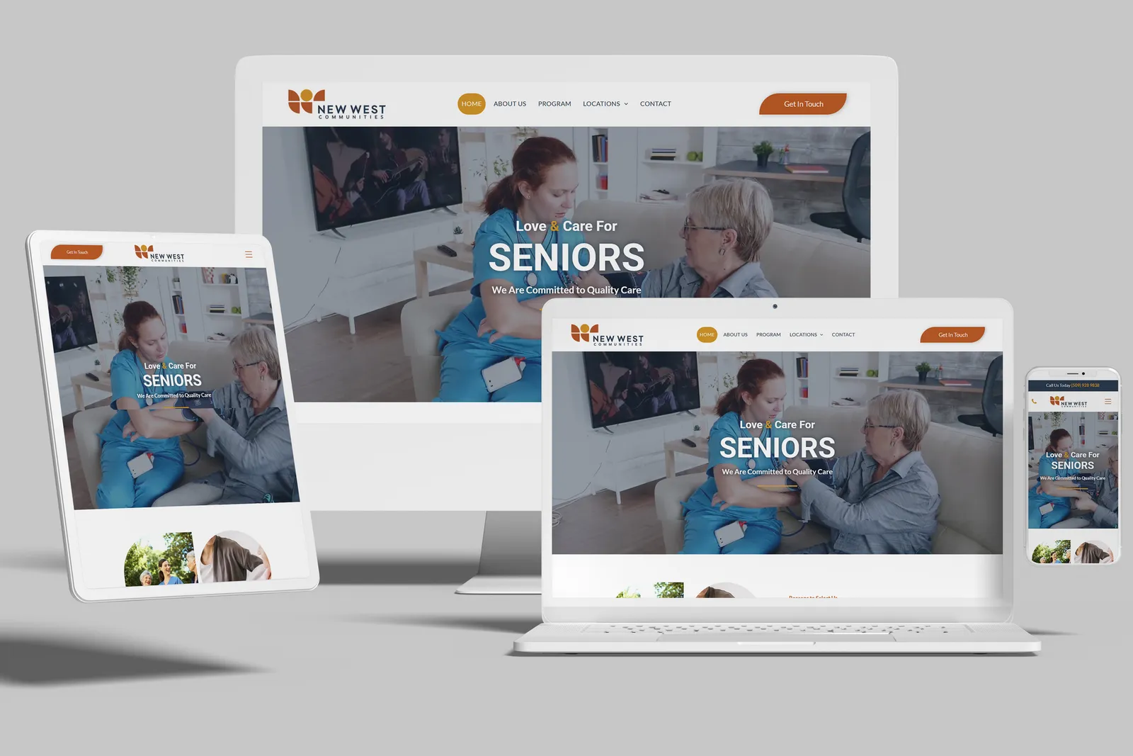 Elder care provider website shown on desktop, laptop, tablet and phone