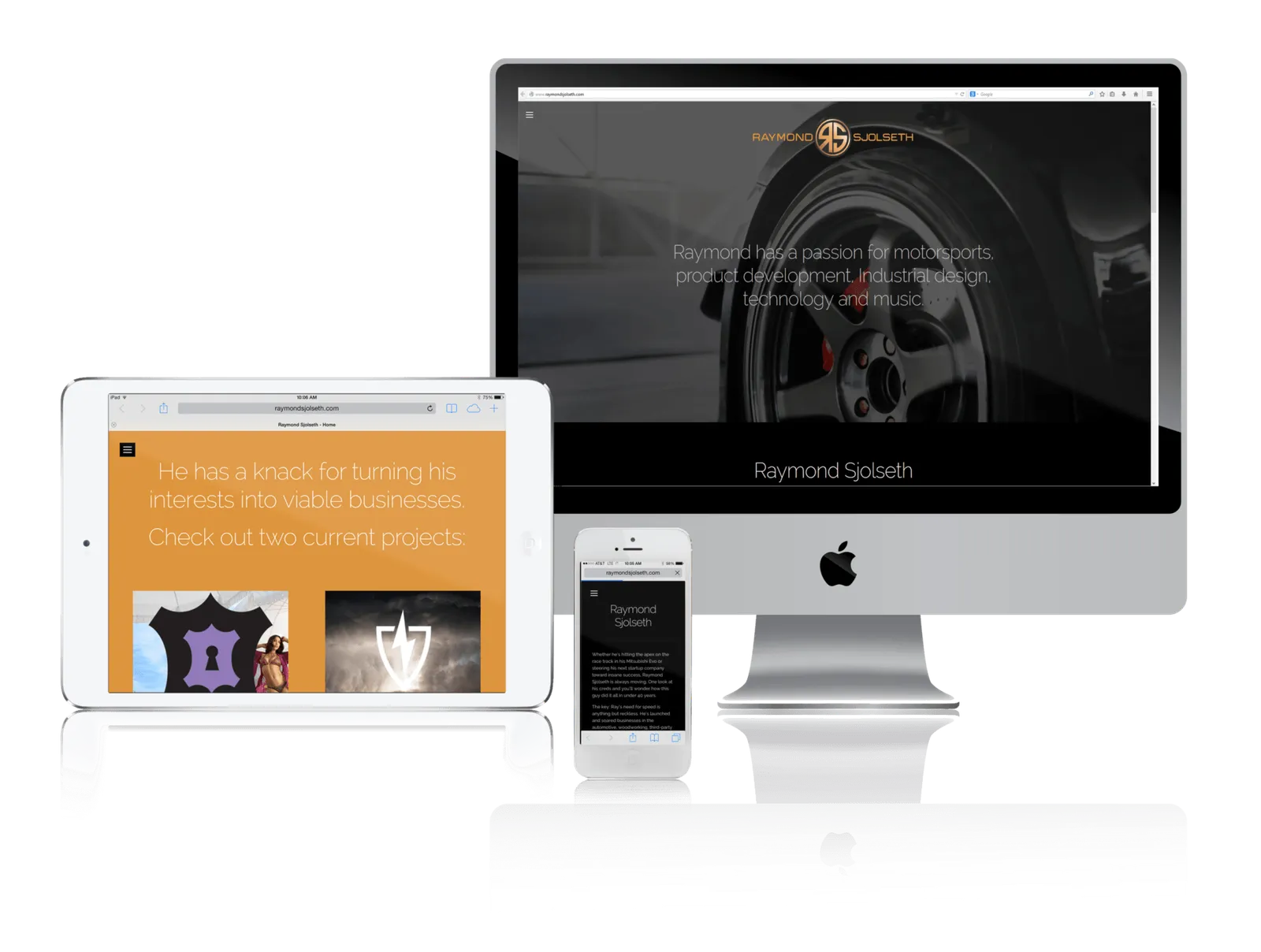 Entrepreneur portfolio website shown on desktop, laptop, tablet and phone