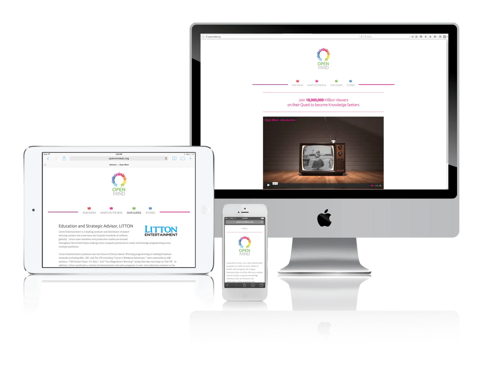 Educational media organization website shown on desktop, laptop, tablet and phone