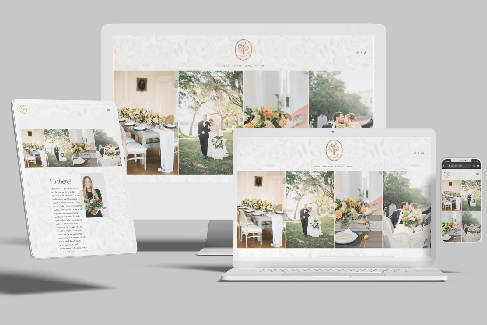 Wedding and event planner website shown on desktop, laptop, tablet and phone