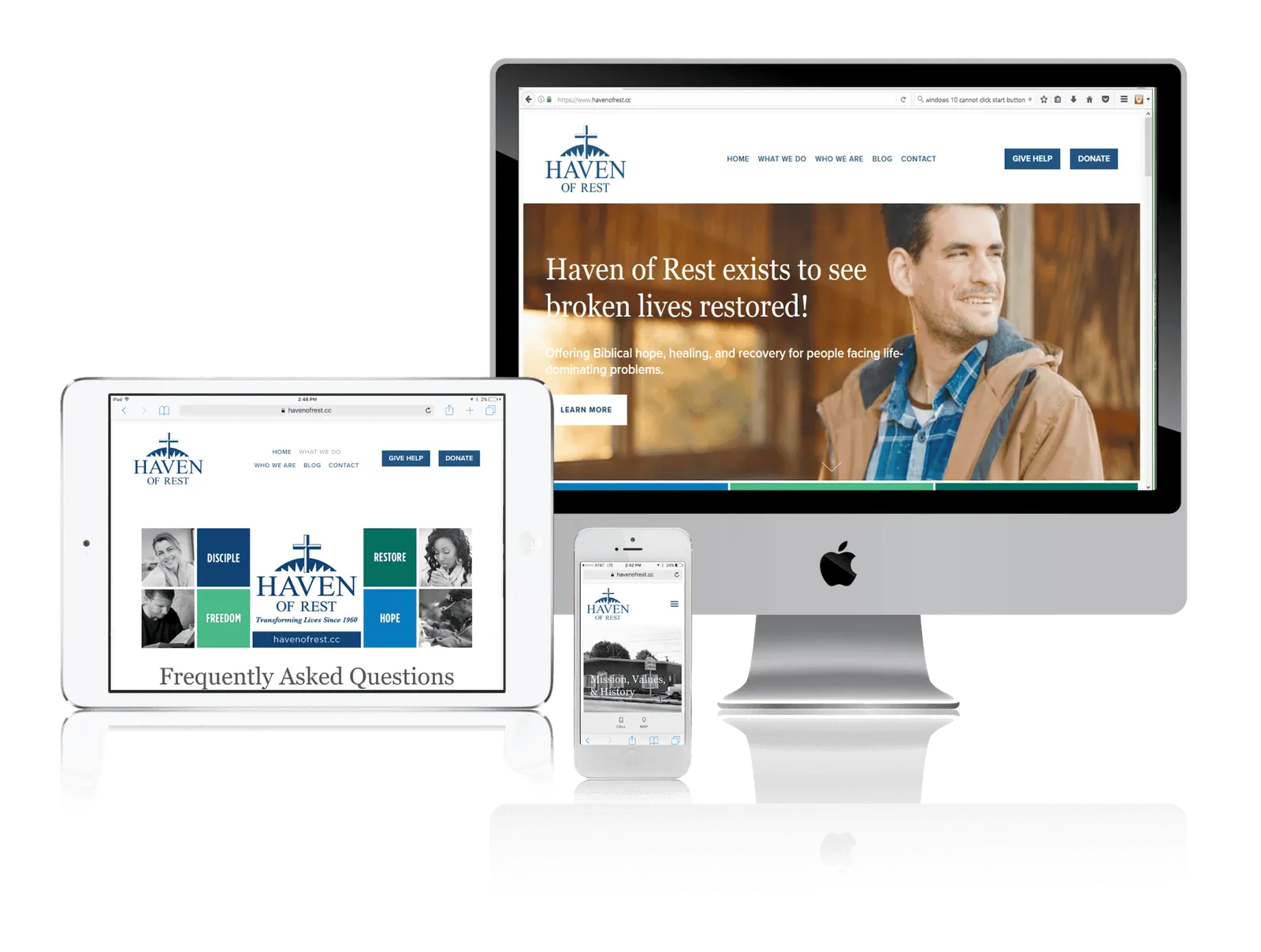 Ministry nonprofit website shown on desktop, laptop, tablet and phone