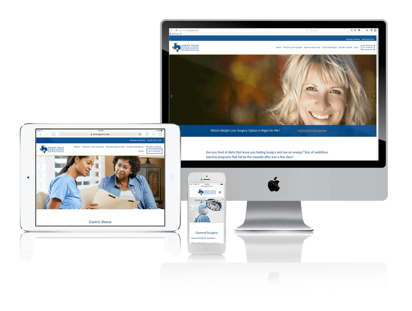 Weight loss surgery practice website shown on desktop, laptop, tablet and phone