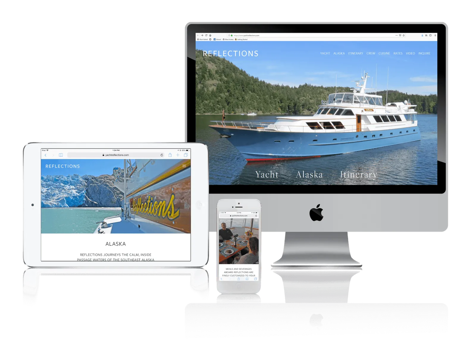 Yacht charter website shown on desktop, laptop, tablet and phone