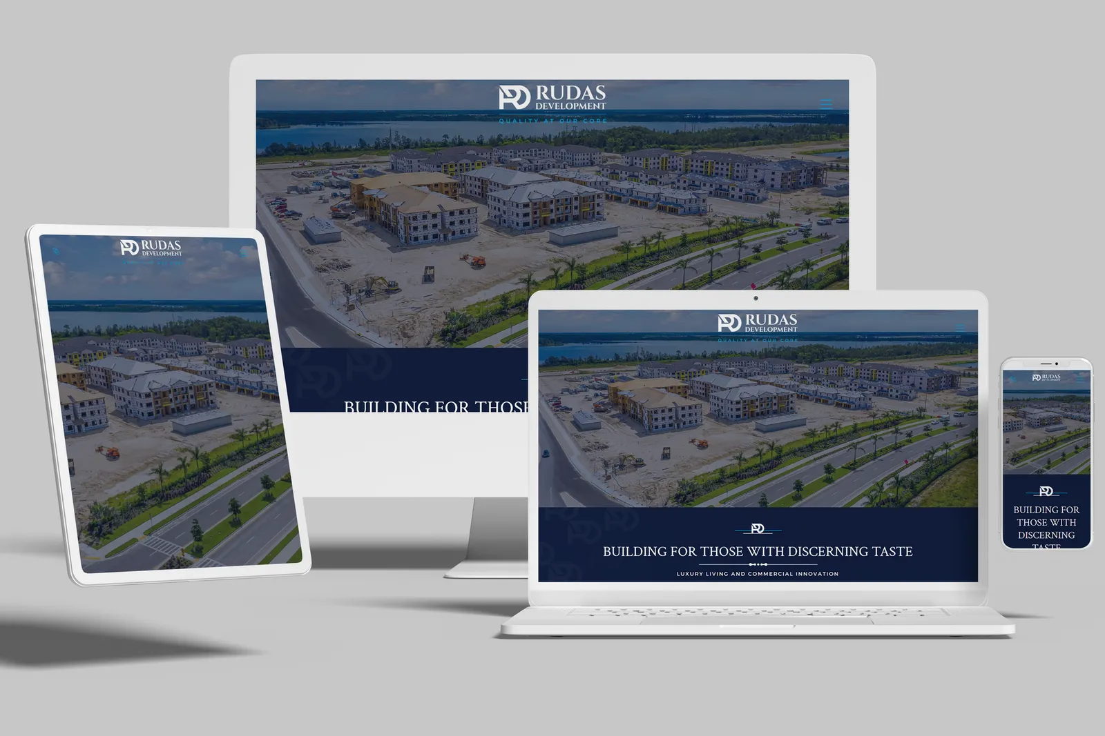 Luxury home builder website shown on desktop, laptop, tablet and phone