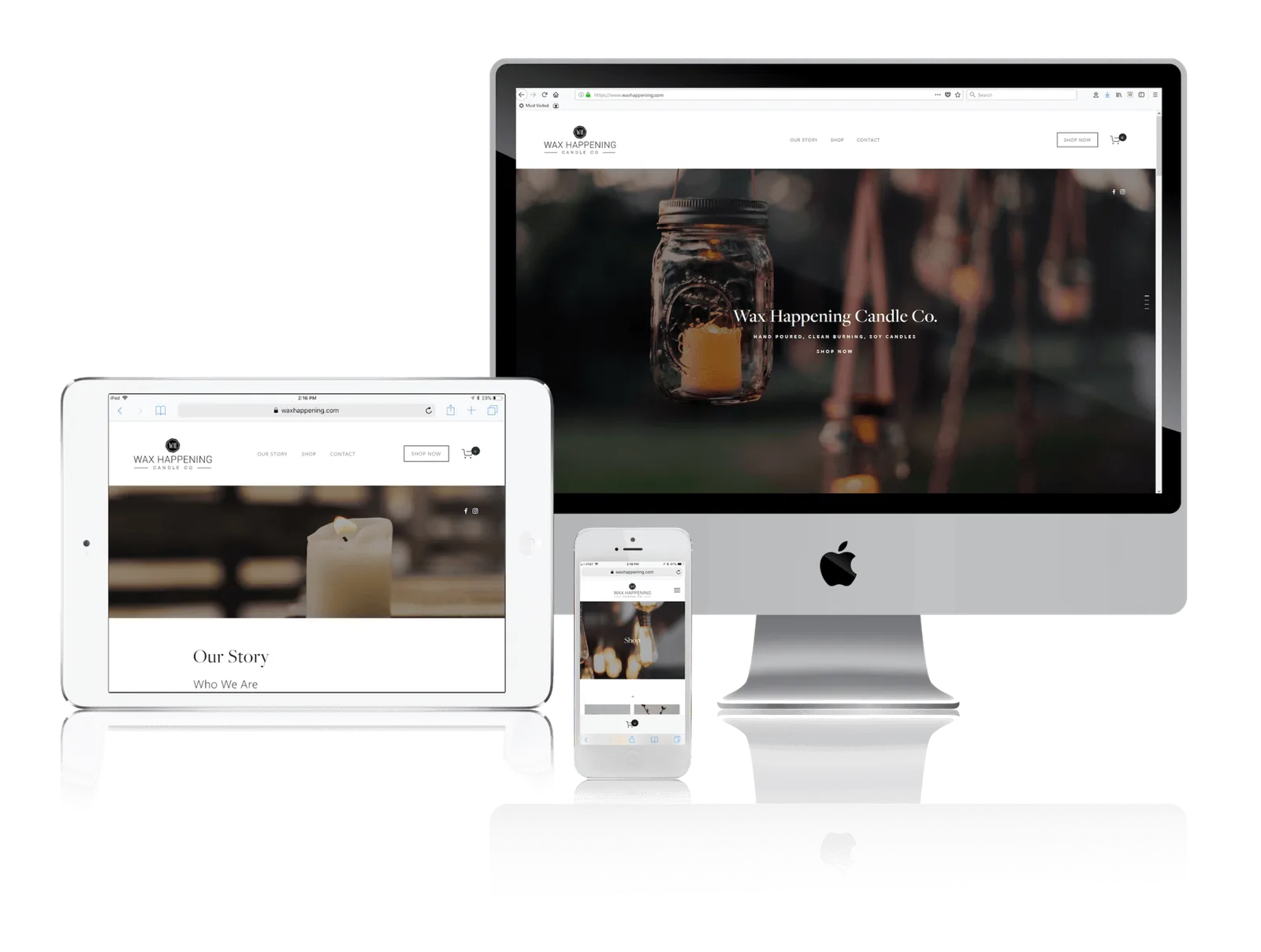 Soy candle maker website shown on desktop, laptop, tablet and phone