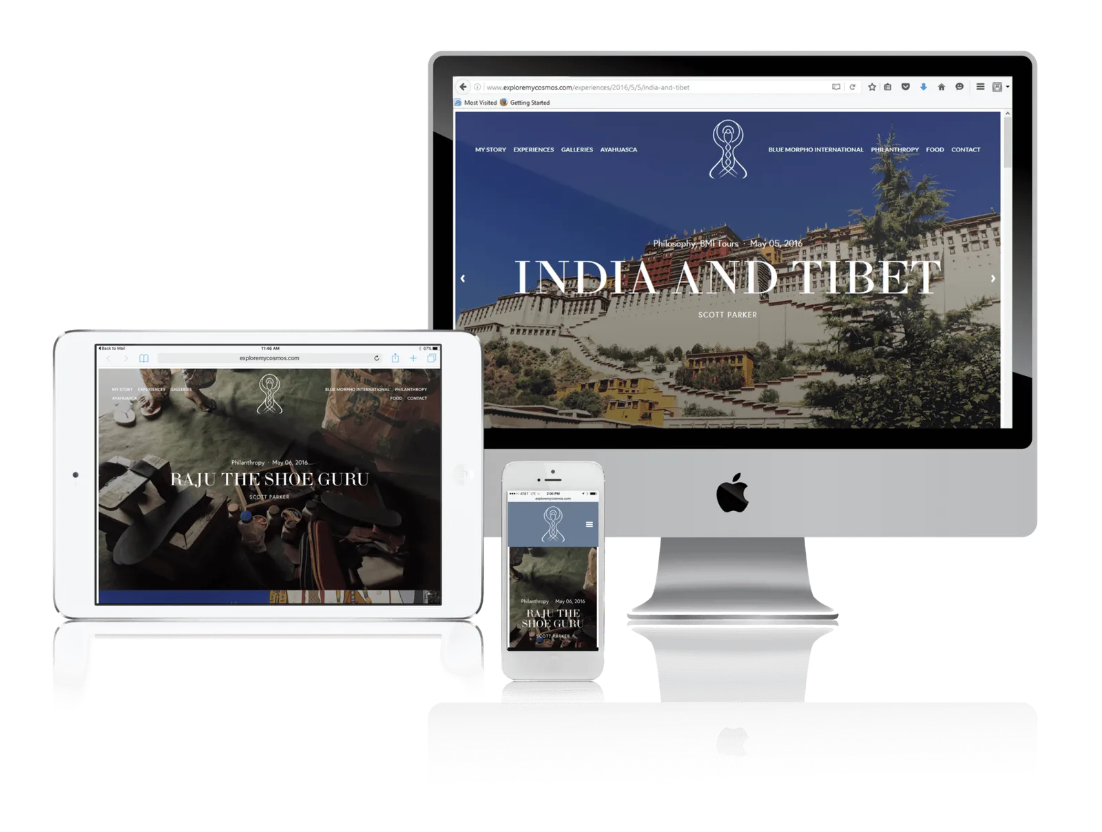 Spiritual travel blog website shown on desktop, laptop, tablet and phone