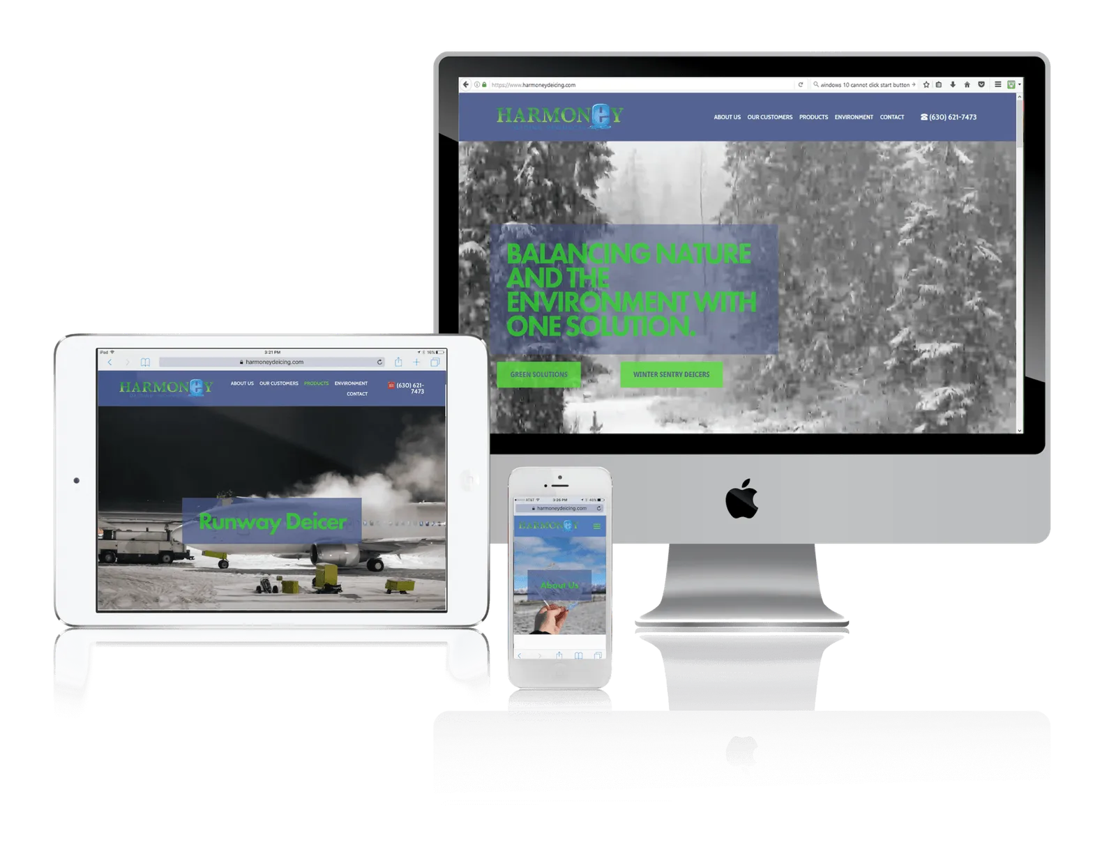 Deicing supplier website shown on desktop, laptop, tablet and phone