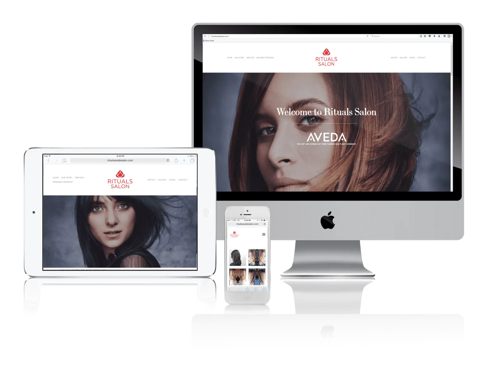 Hair salon website shown on desktop, laptop, tablet and phone