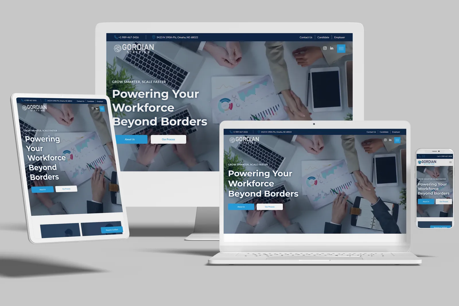 Staffing agency website shown on desktop, laptop, tablet and phone