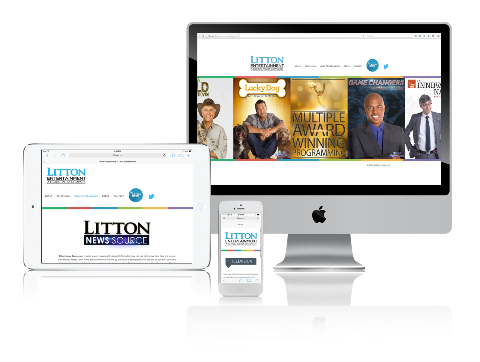 TV programming company website shown on desktop, laptop, tablet and phone