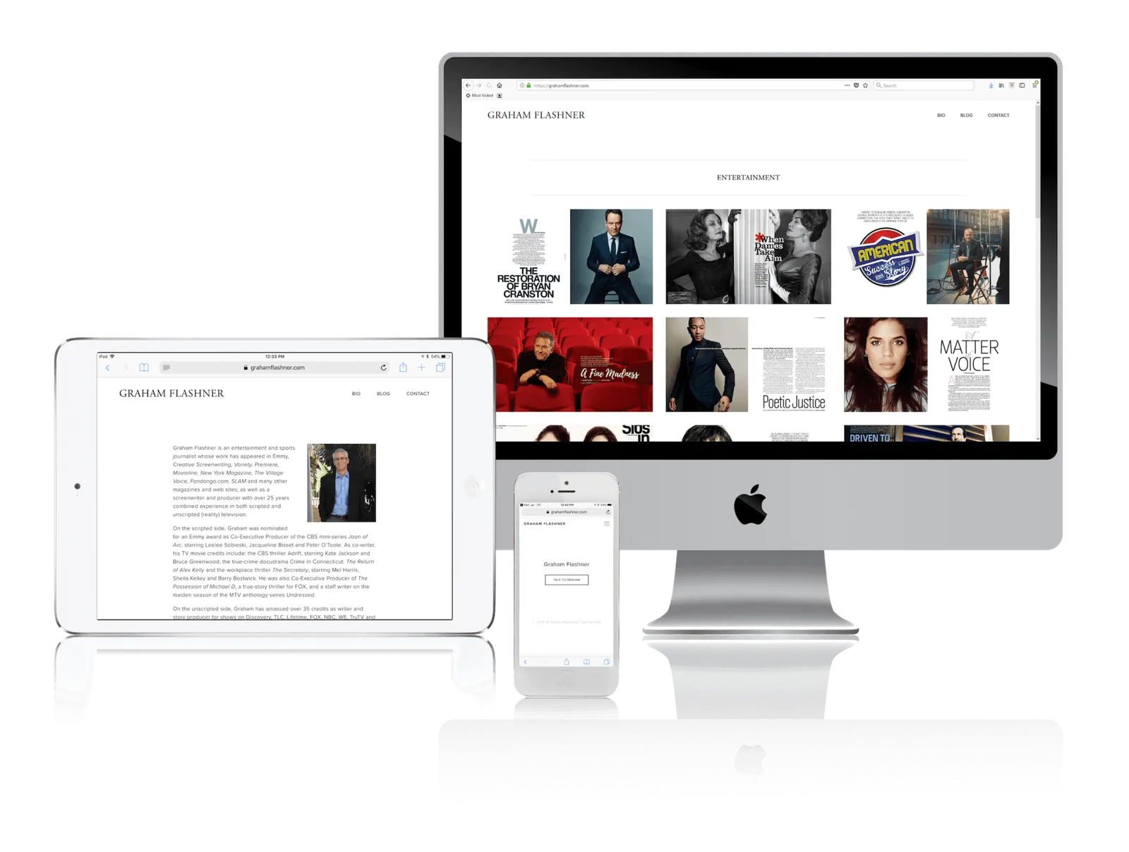 Television writer portfolio website shown on desktop, laptop, tablet and phone