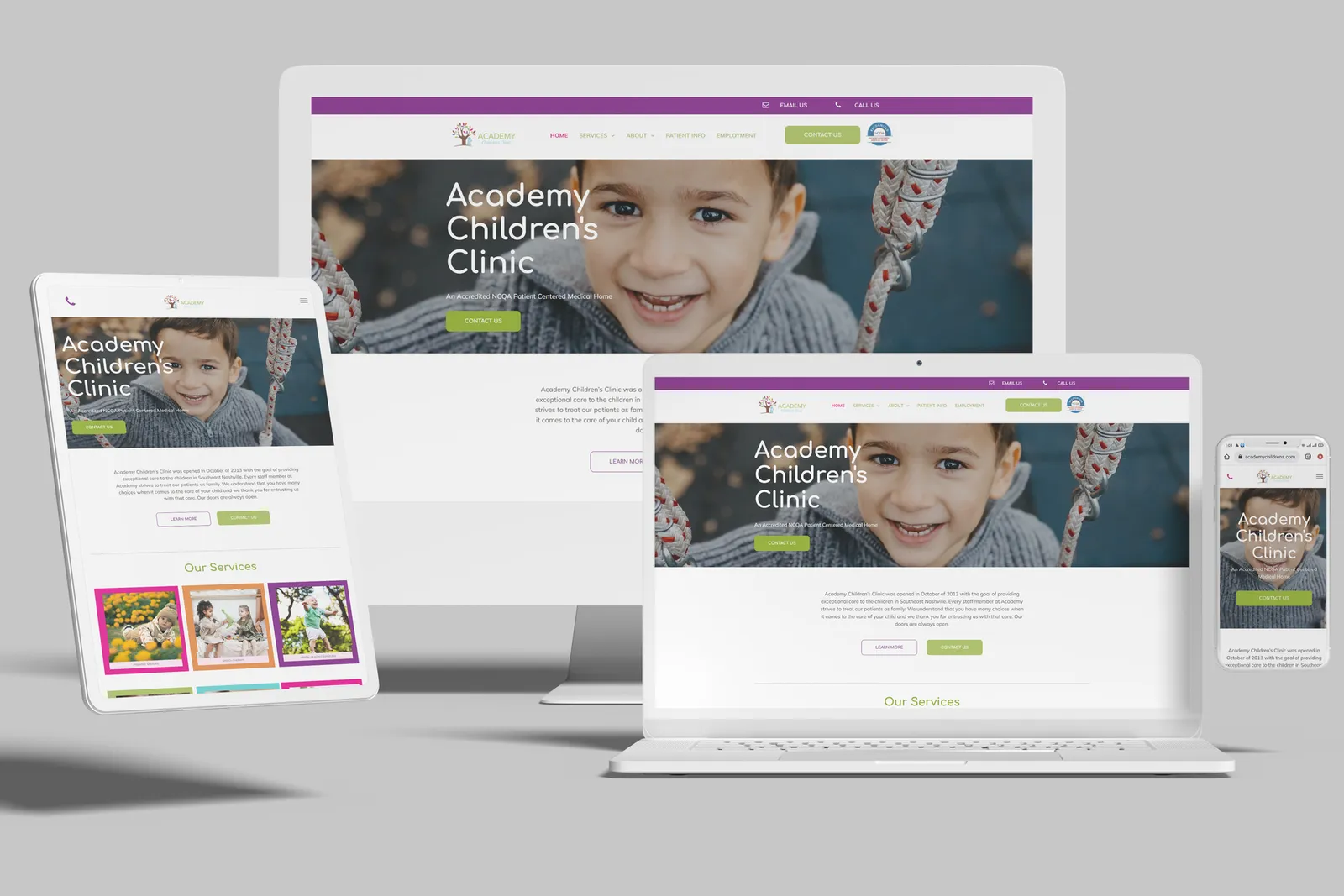 Pediatric clinic website shown on desktop, laptop, tablet and phone