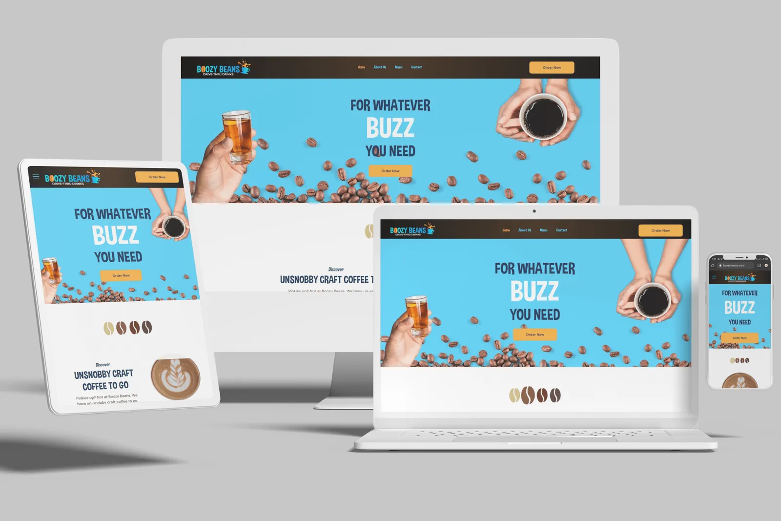 Coffee drive-thru website shown on desktop, laptop, tablet and phone