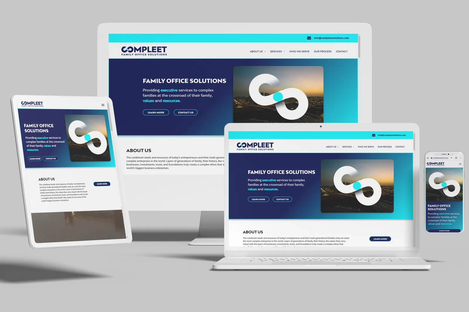 Family office website shown on desktop, laptop, tablet and phone