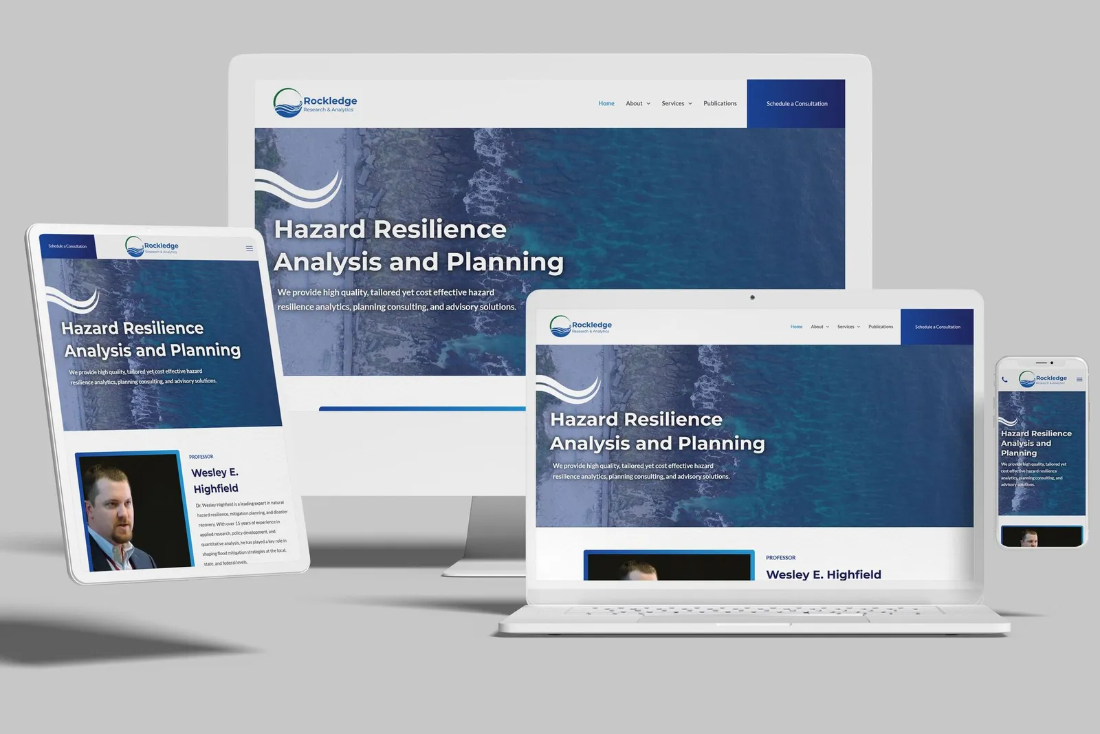 Consulting firm website shown on desktop, laptop, tablet and phone