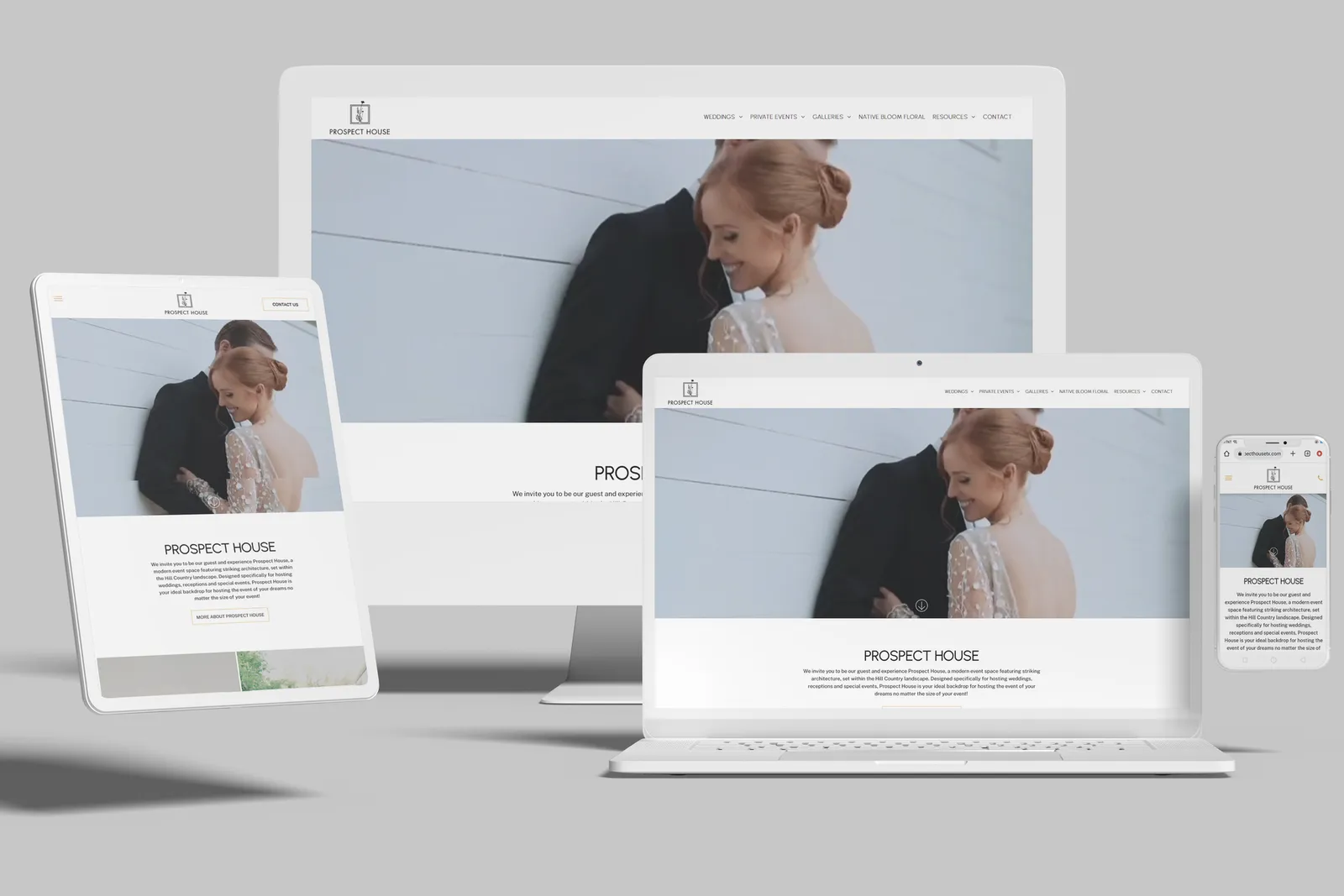 Wedding venue website shown on desktop, laptop, tablet and phone