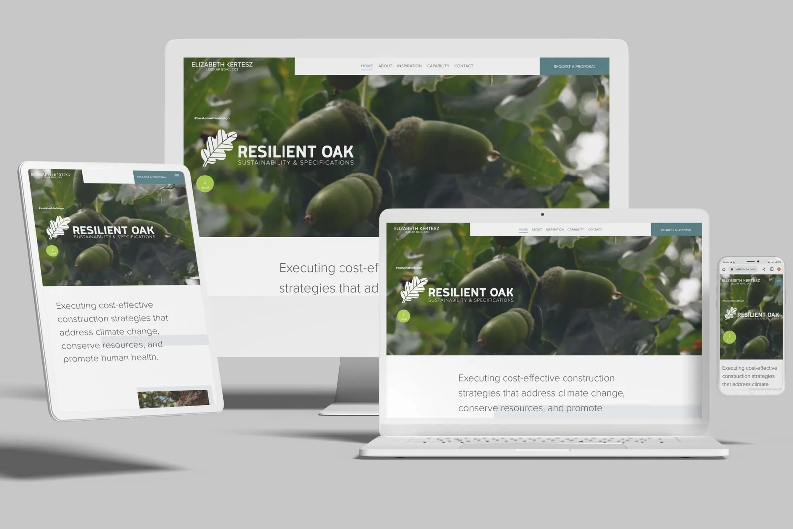 Sustainable building consultant website shown on desktop, laptop, tablet and phone