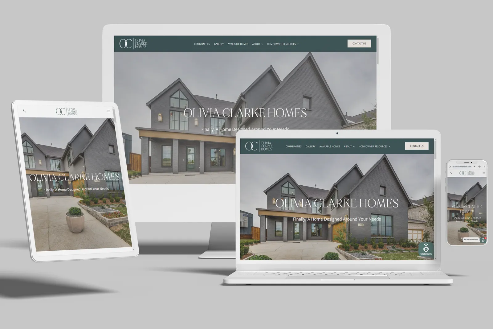 Luxury home builder website shown on desktop, laptop, tablet and phone
