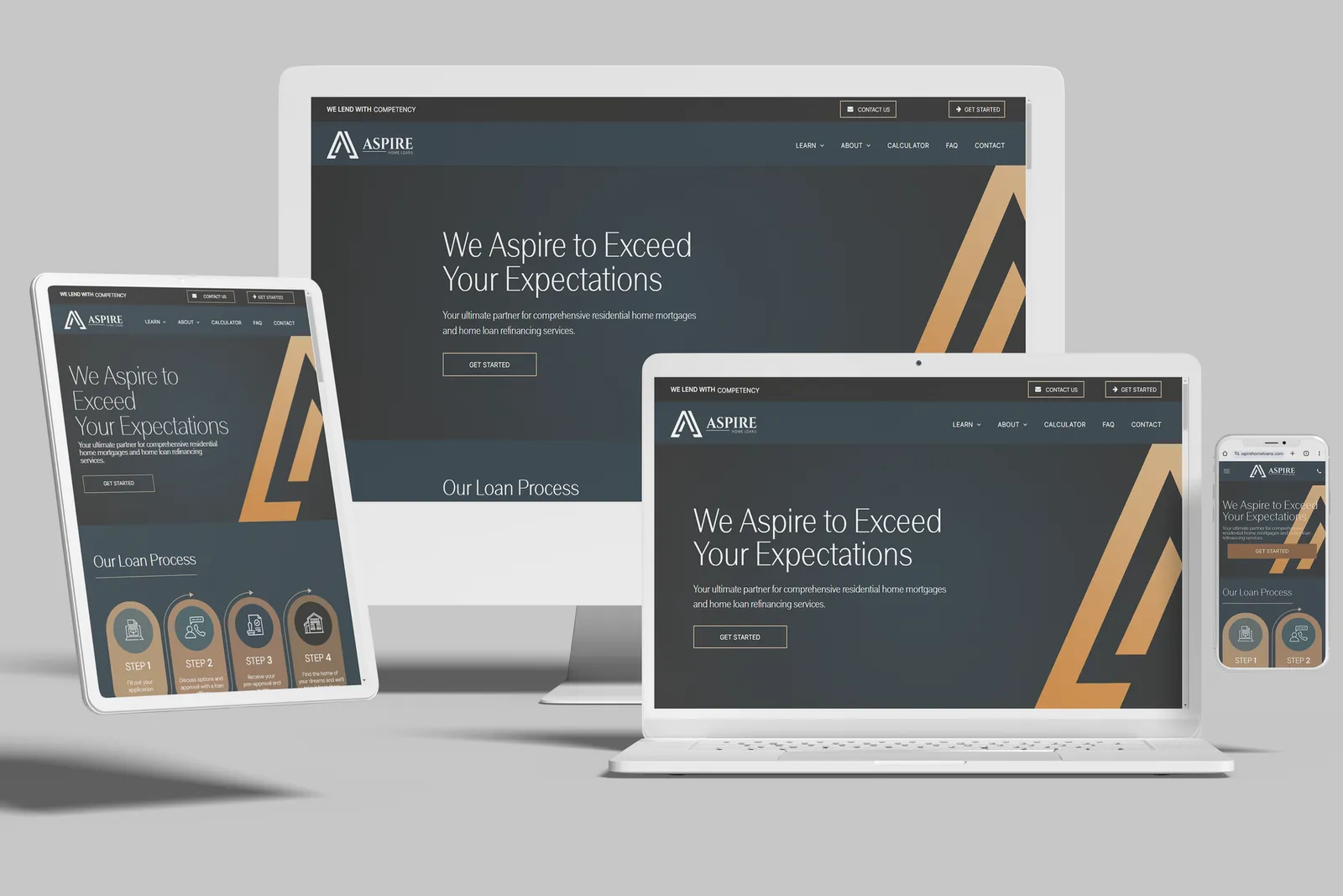 Mortgage lender website shown on desktop, laptop, tablet and phone