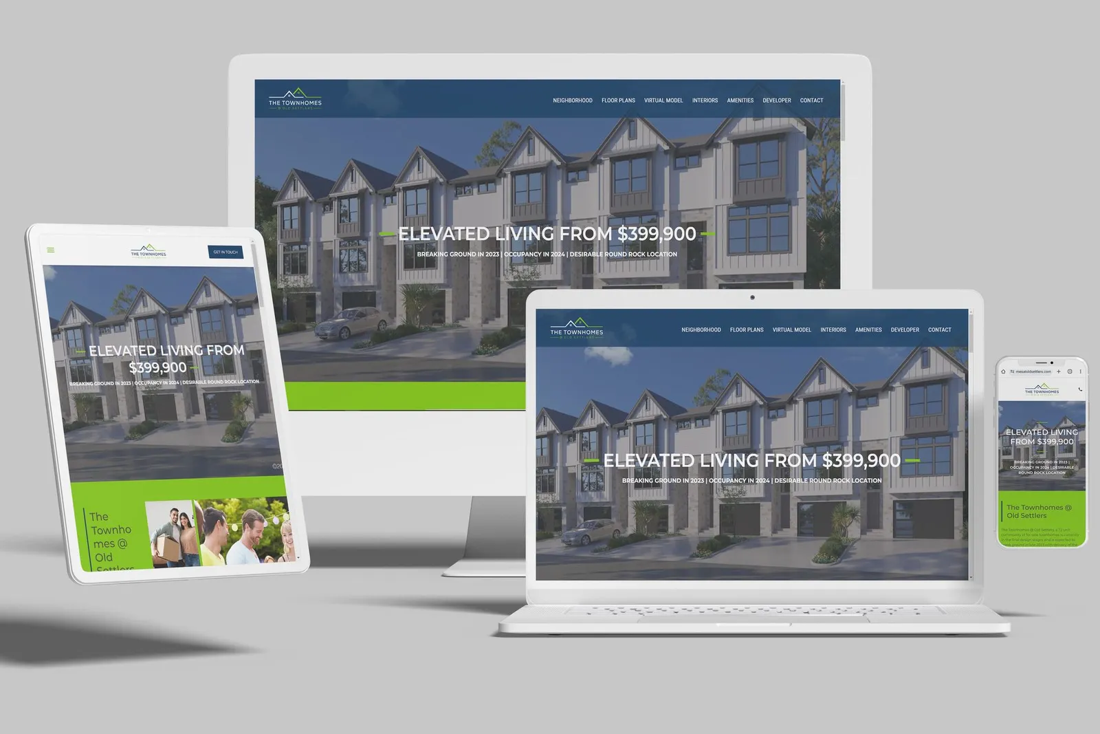 Townhome builder website shown on desktop, laptop, tablet and phone