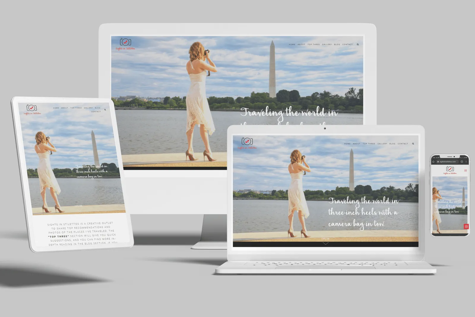Travel blogger website shown on desktop, laptop, tablet and phone