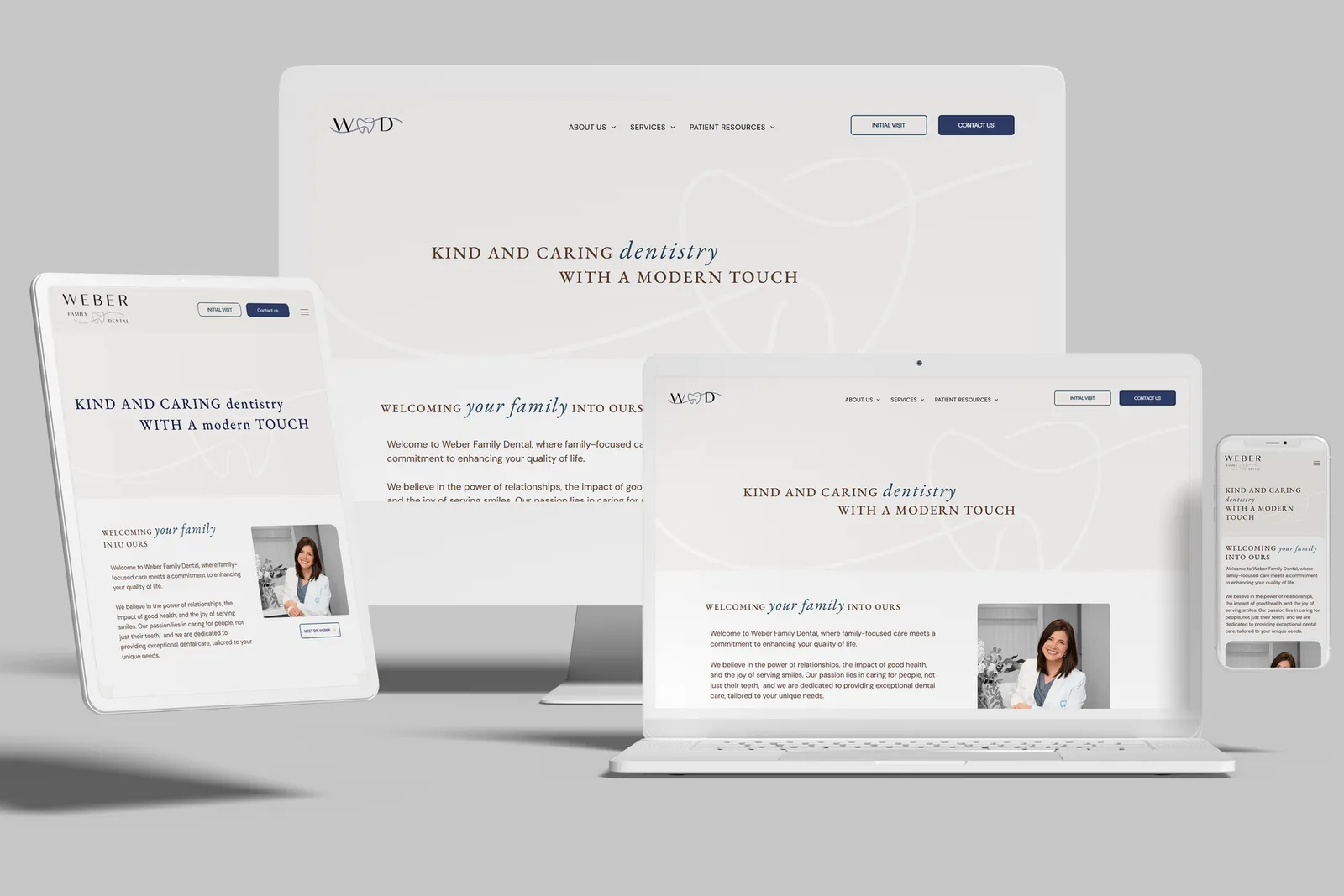Dental practice website shown on desktop, laptop, tablet and phone