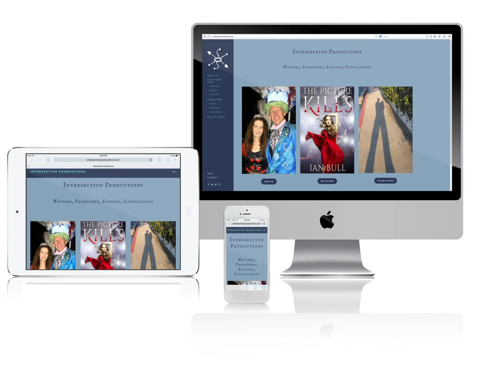 Production company website shown on desktop, laptop, tablet and phone
