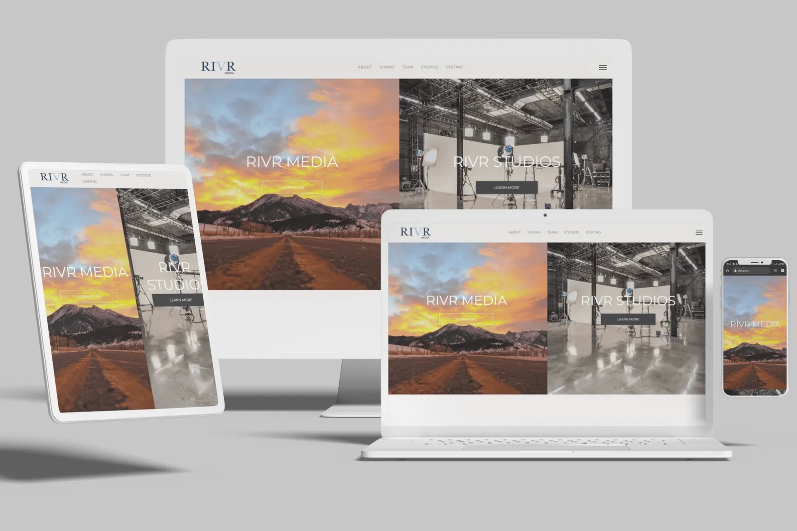 Video production company website shown on desktop, laptop, tablet and phone
