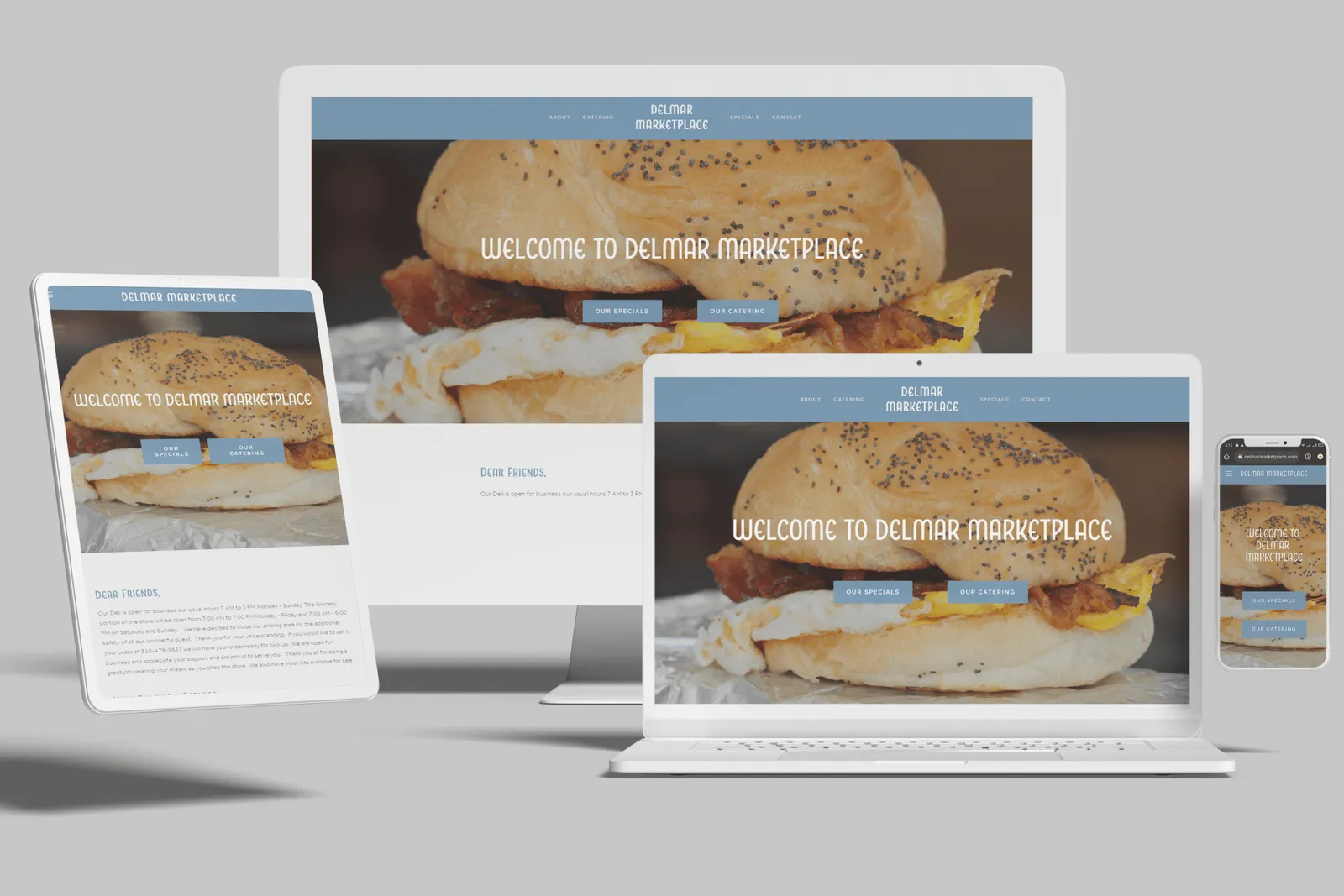 Specialty food market website shown on desktop, laptop, tablet and phone
