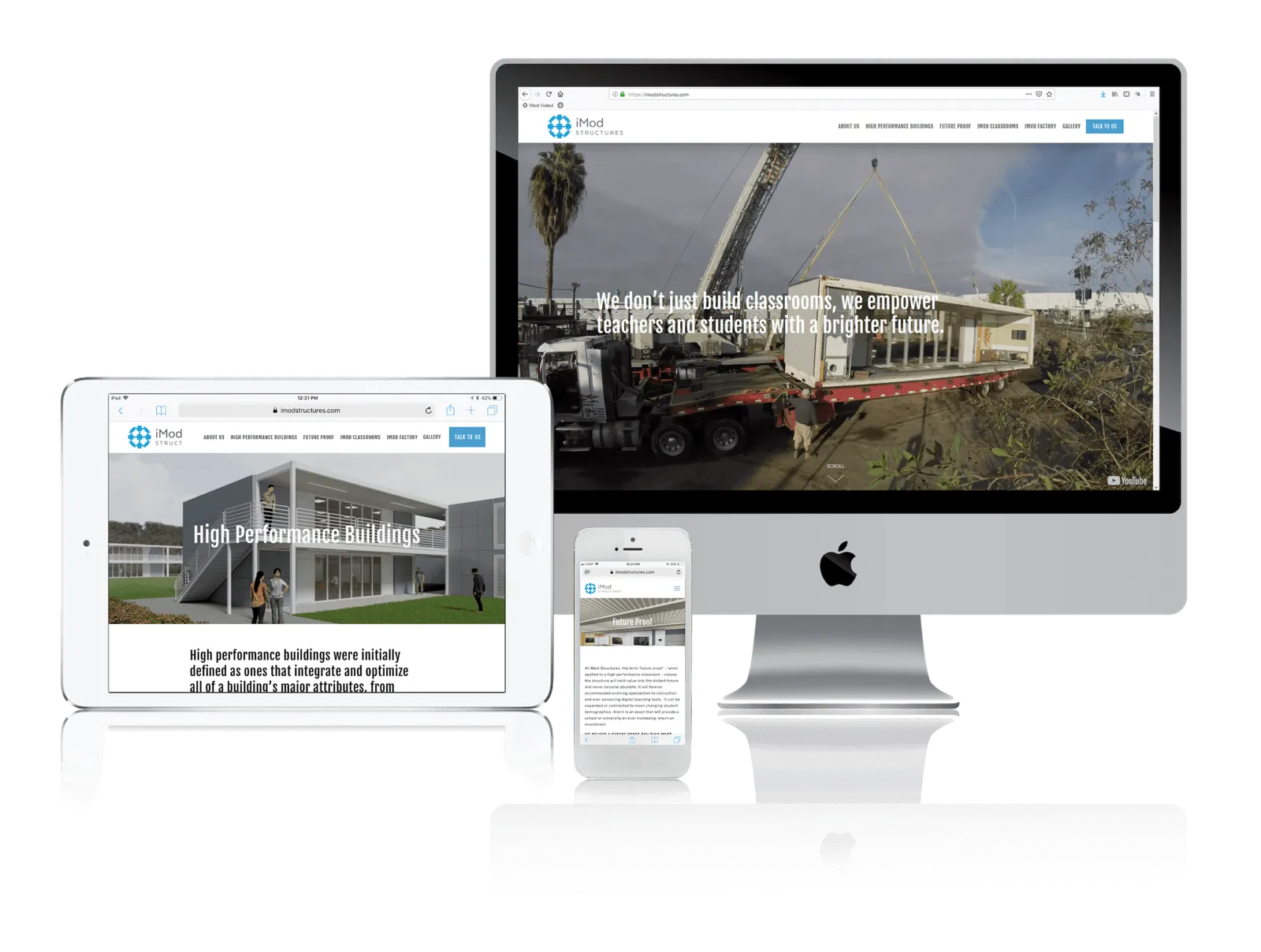 Modular building manufacturer website shown on desktop, laptop, tablet and phone