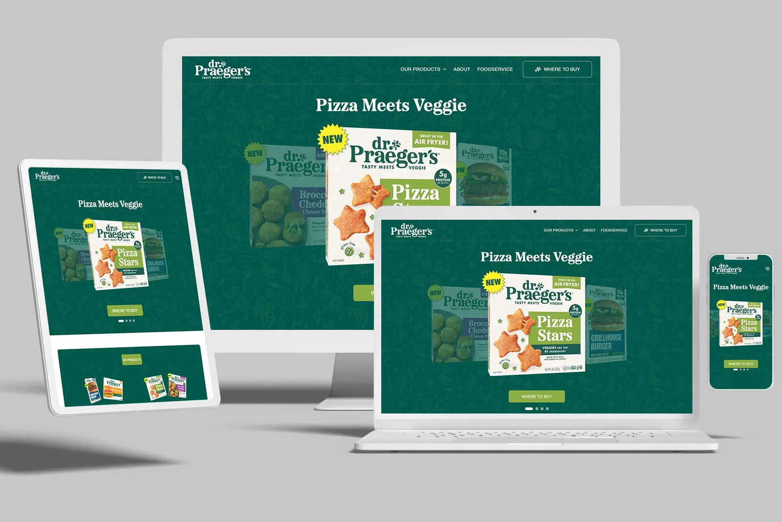 Food brand website shown on desktop, laptop, tablet and phone