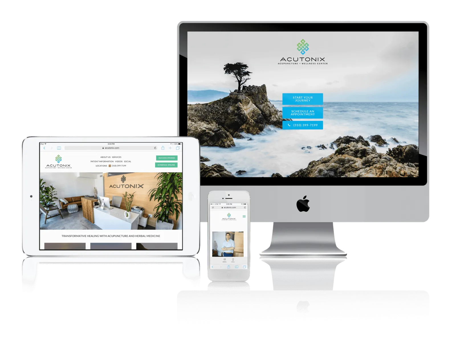 Acupuncture practice website shown on desktop, laptop, tablet and phone
