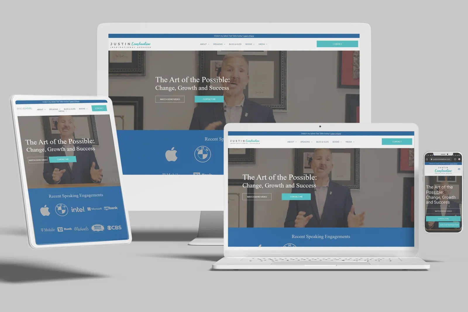 Inspirational speaker website shown on desktop, laptop, tablet and phone