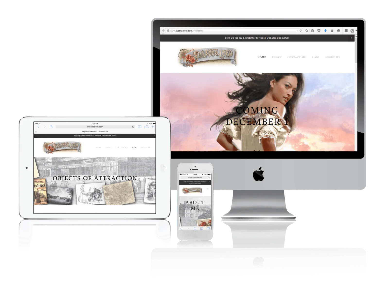 Romance author website shown on desktop, laptop, tablet and phone