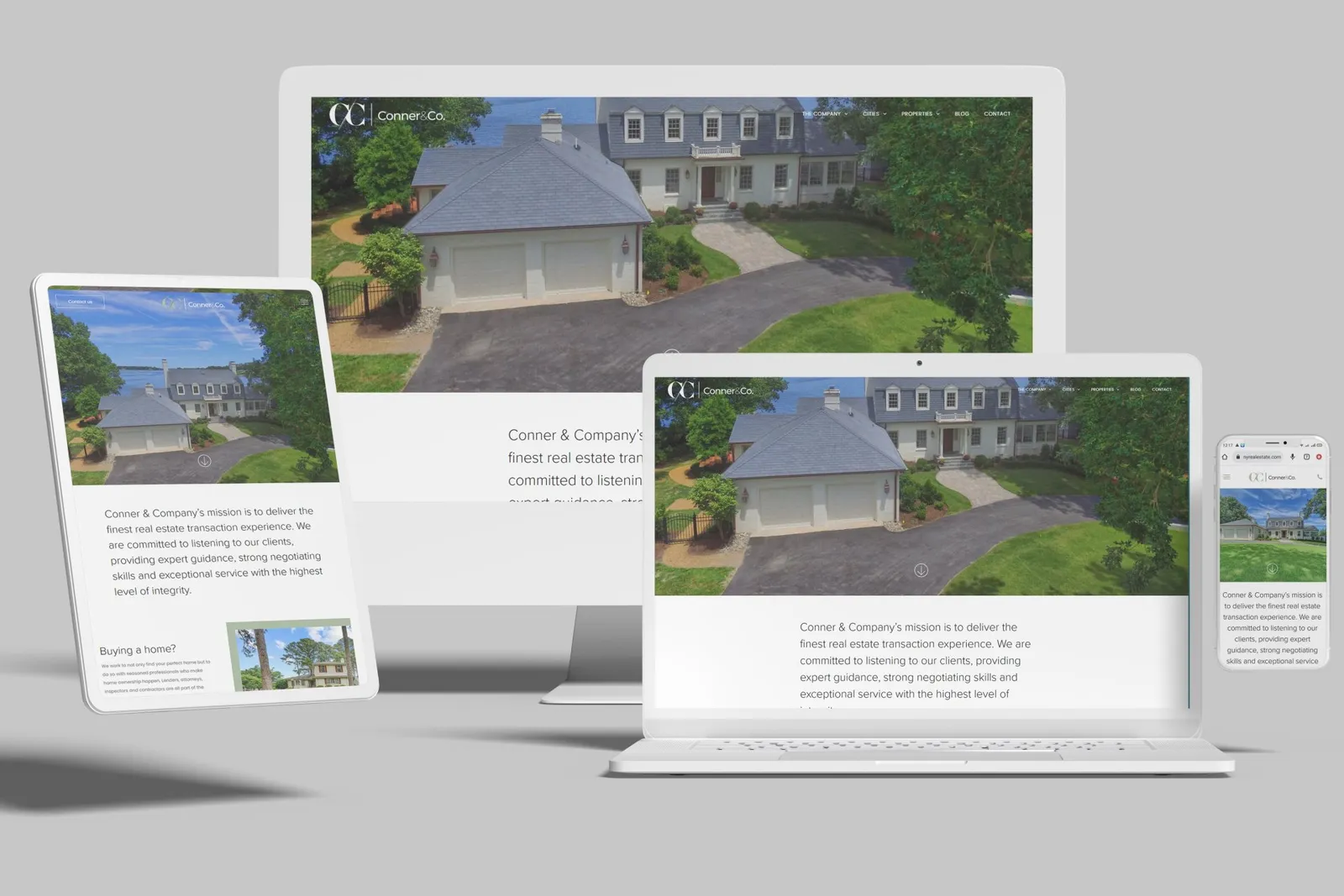 Real estate agency website shown on desktop, laptop, tablet and phone