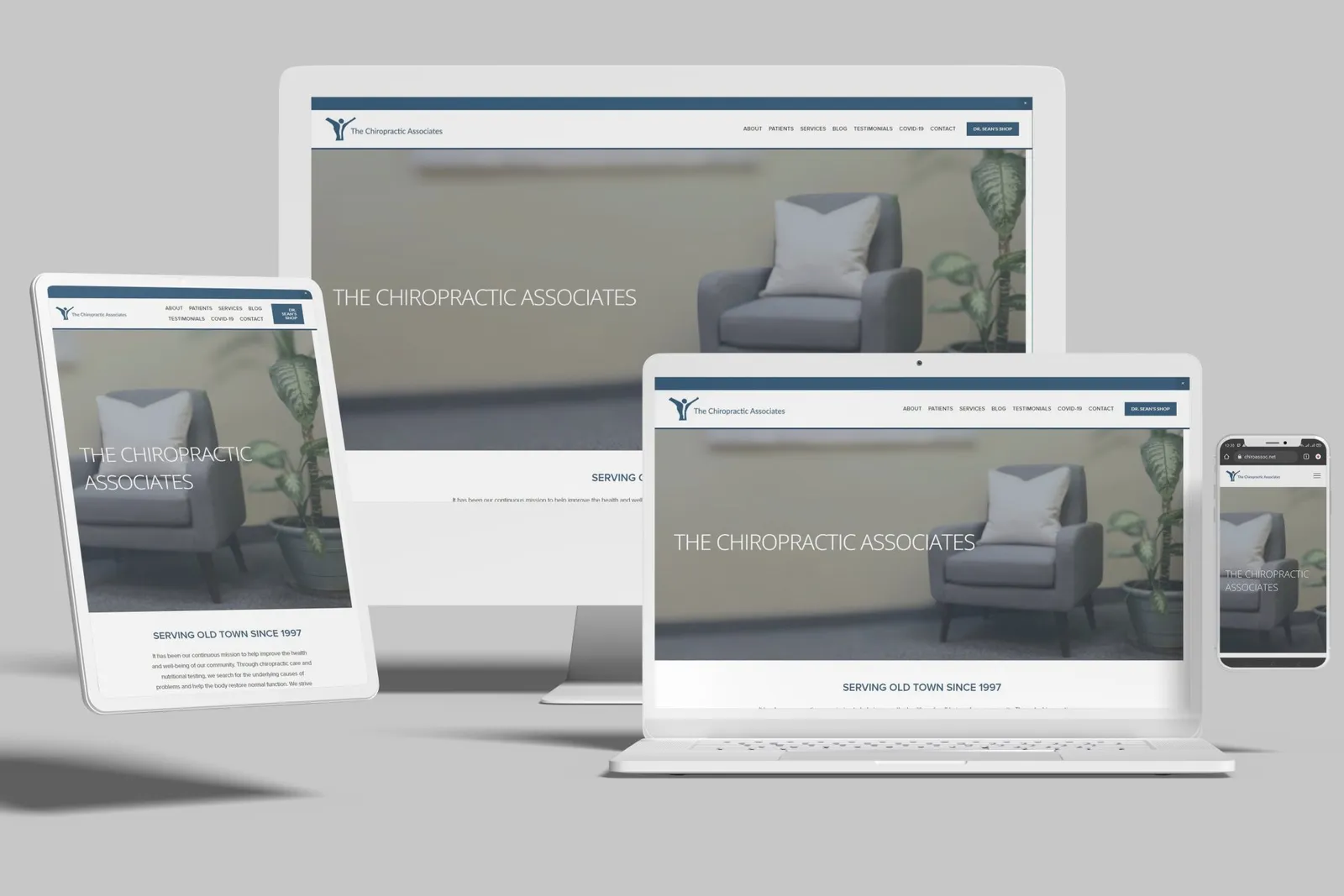 Chiropractic practice website shown on desktop, laptop, tablet and phone