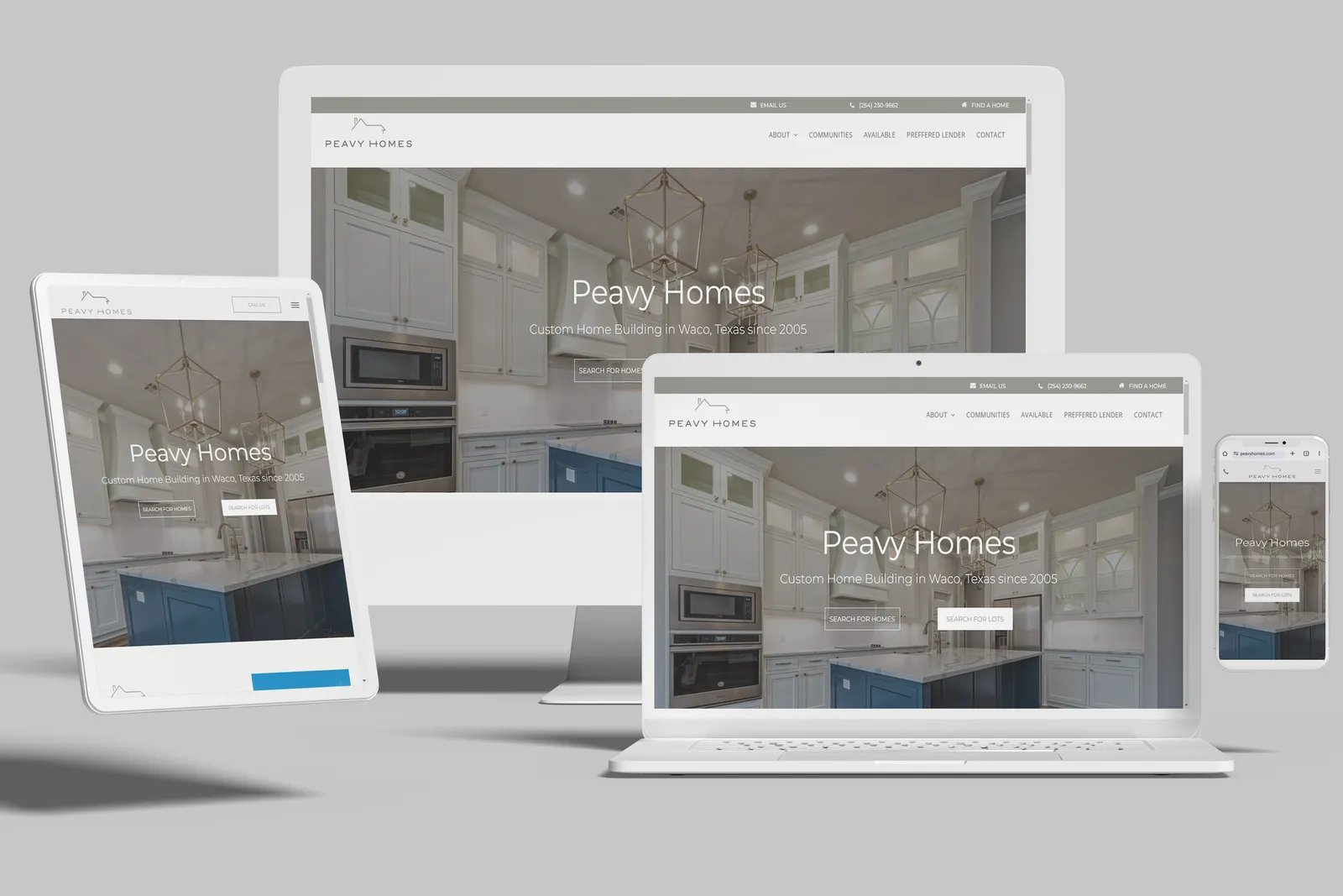 Custom home builder website shown on desktop, laptop, tablet and phone