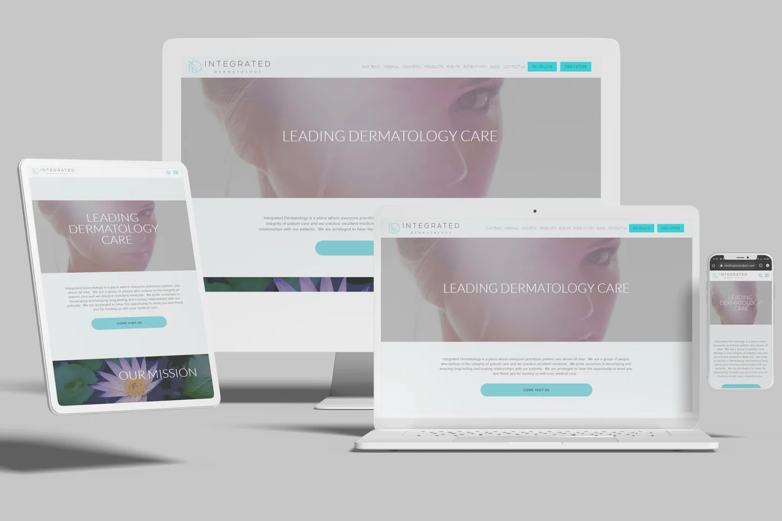 Dermatology practice website shown on desktop, laptop, tablet and phone