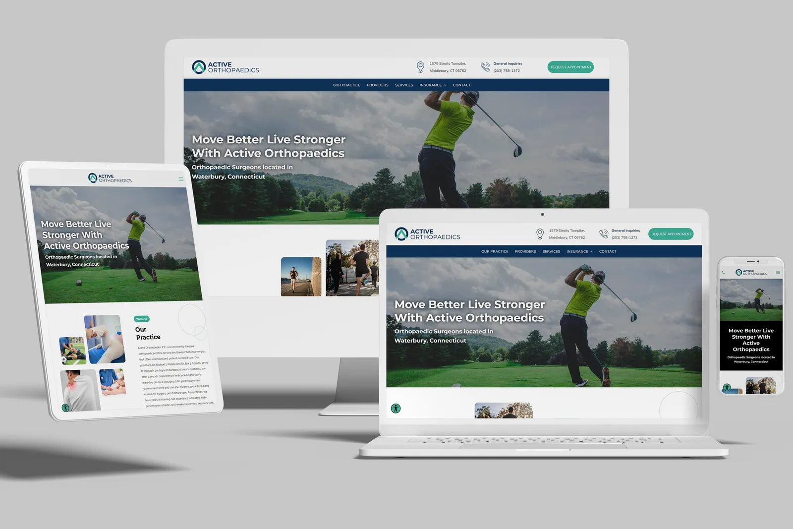 Orthopaedic practice website shown on desktop, laptop, tablet and phone